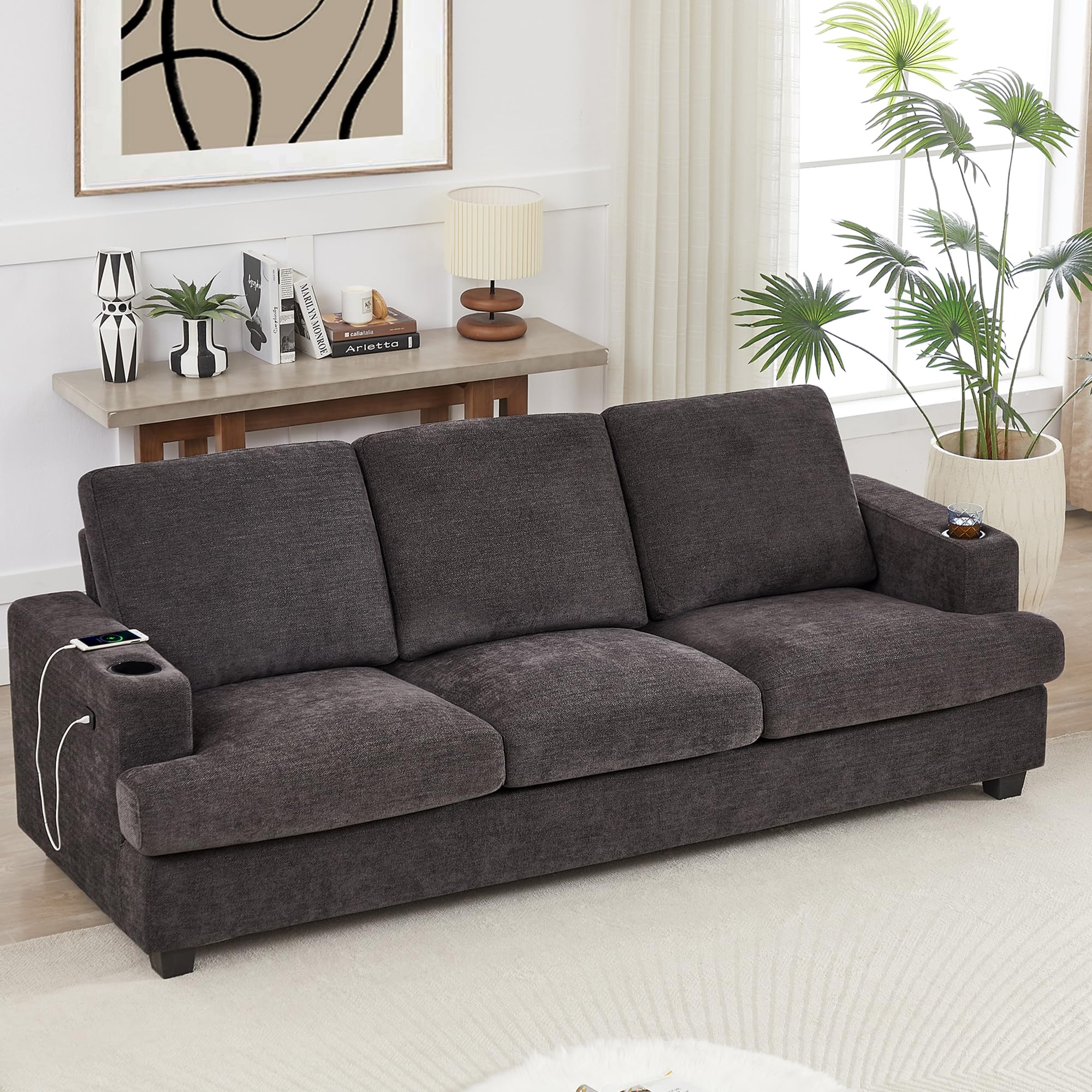 HOSTACK 89" Dark Grey Chenille Upholstered Sofa with USB Charging Ports & Cup Holders for Living Room and Office